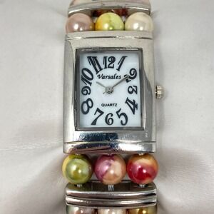 Varsales Watch Women Silver Tone MOP Pastel Faux Pearl Cuff New Battery 6.5"